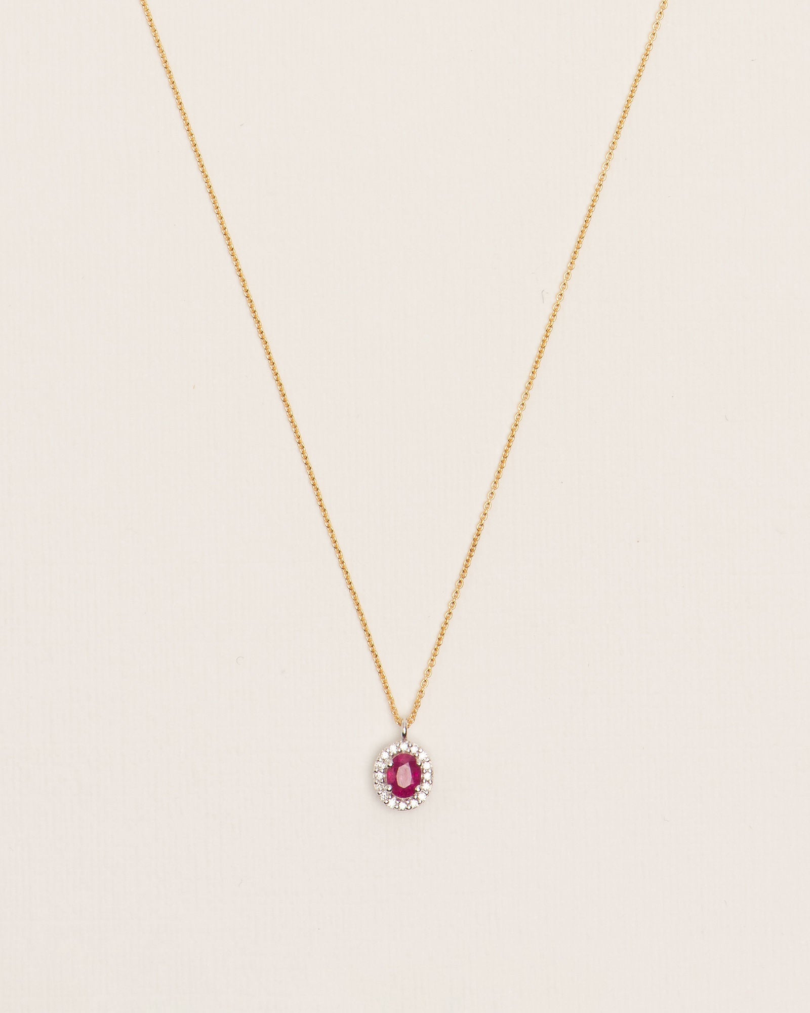Halo 18K Gold Necklace w. Diamonds & Rubies