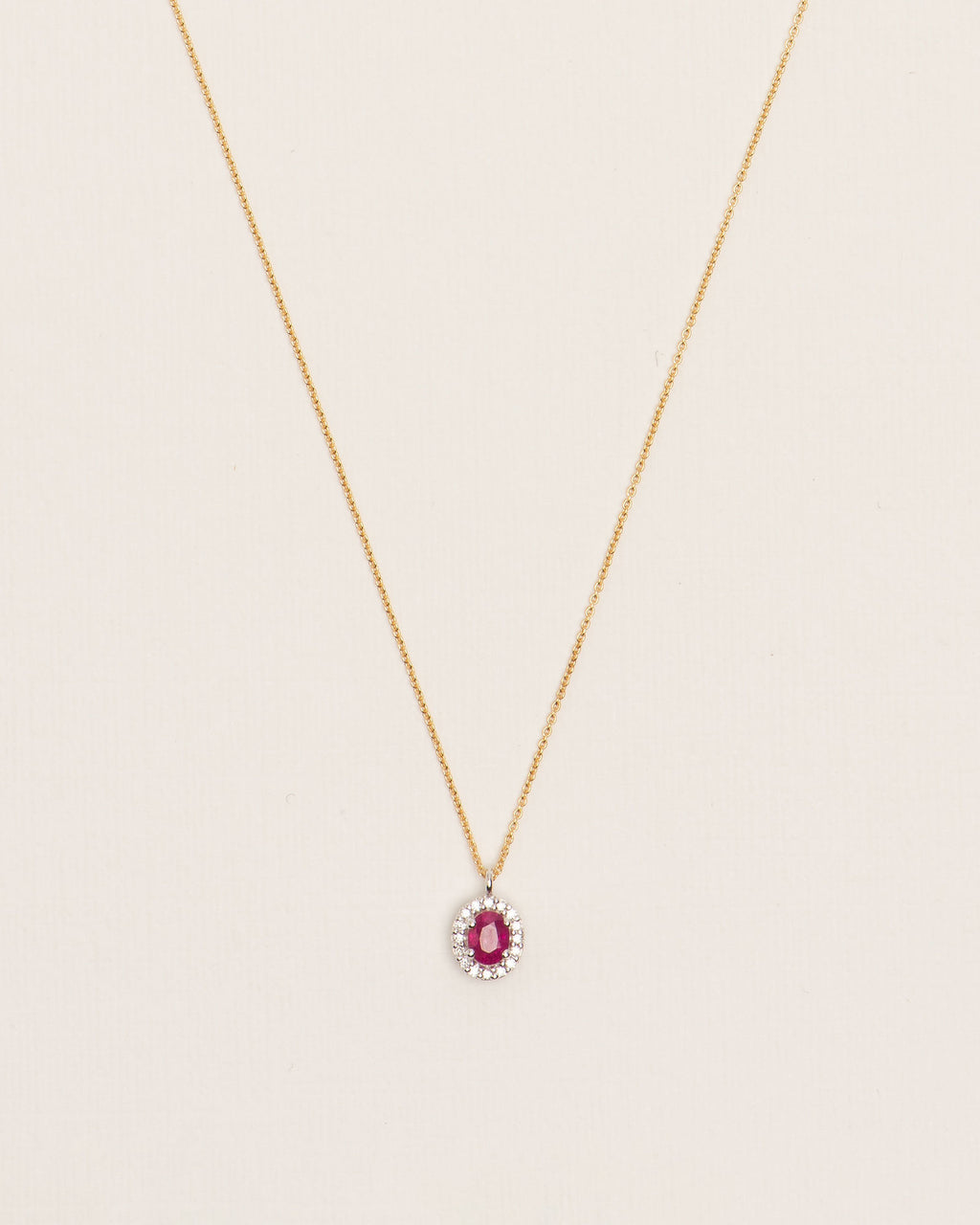 Halo 18K Gold Necklace w. Diamonds & Rubies