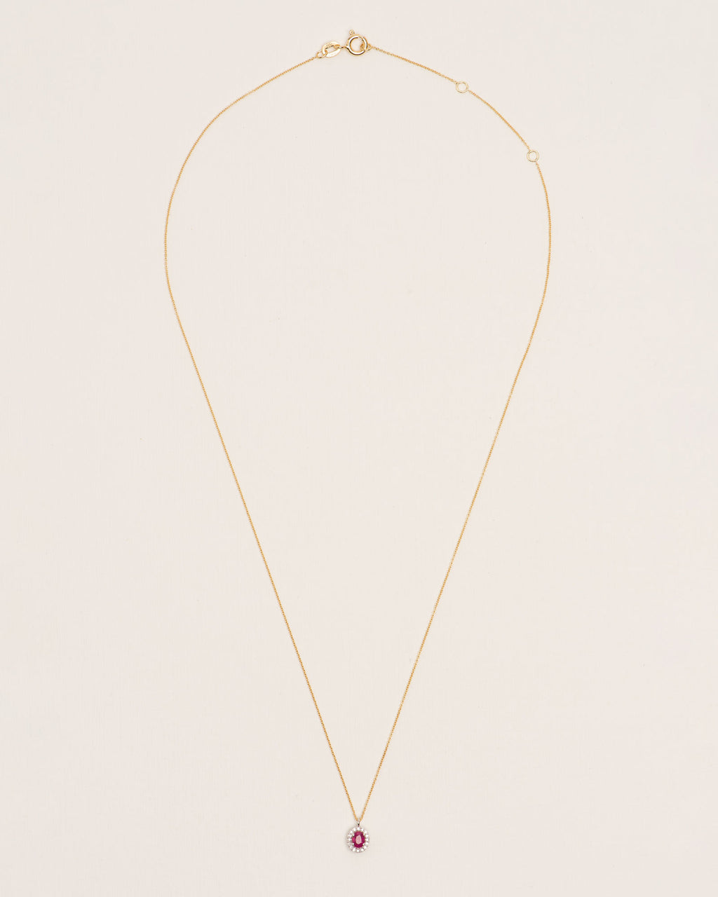 Halo 18K Gold Necklace w. Diamonds & Rubies