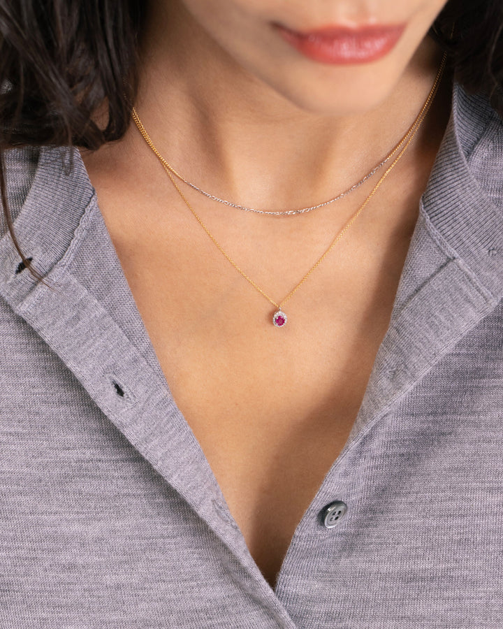 Halo 18K Gold Necklace w. Diamonds & Rubies