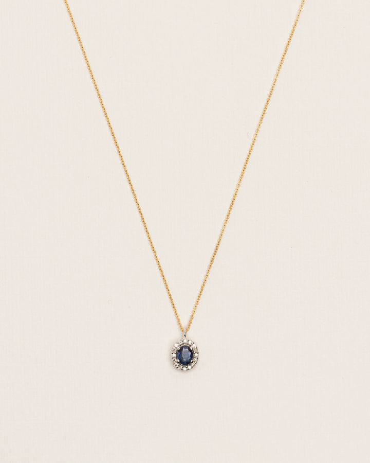 Halo 18K Gold Necklace w. Diamonds & Sapphires