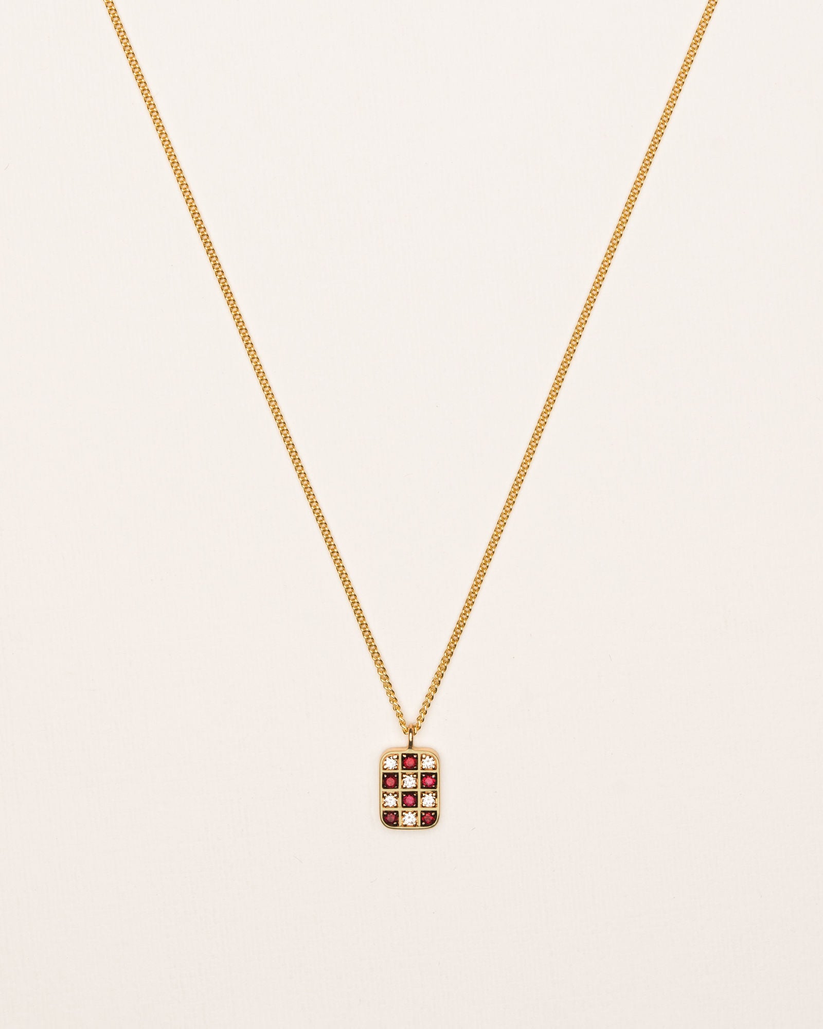 Chessboard 18K Gold Necklace w. Diamonds & Rubies