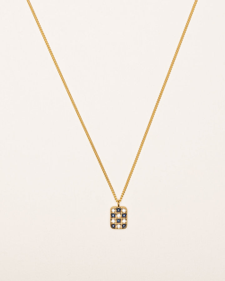 Chessboard 18K Gold Necklace w. Diamonds & Sapphires