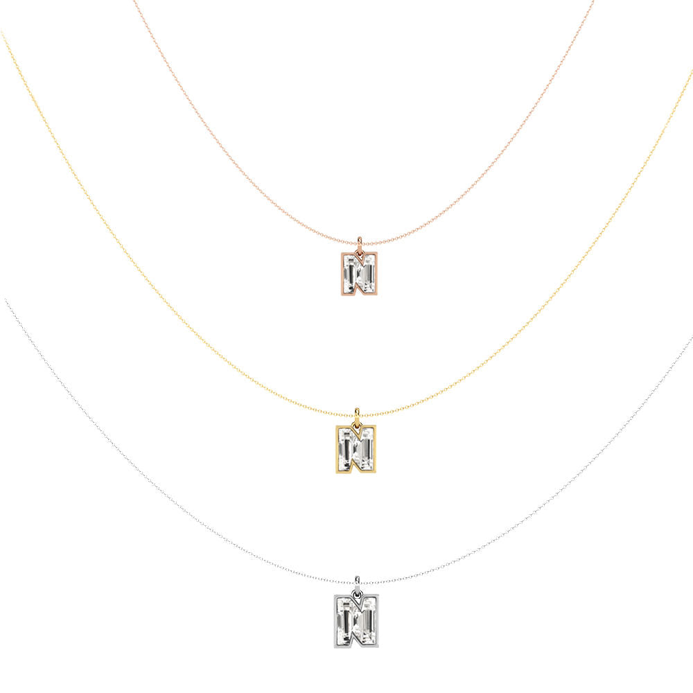 Alphabet 18K Gold, Rosegold or Whitegold Inital N Pendant w. Solitaire Lab-Grown Diamond