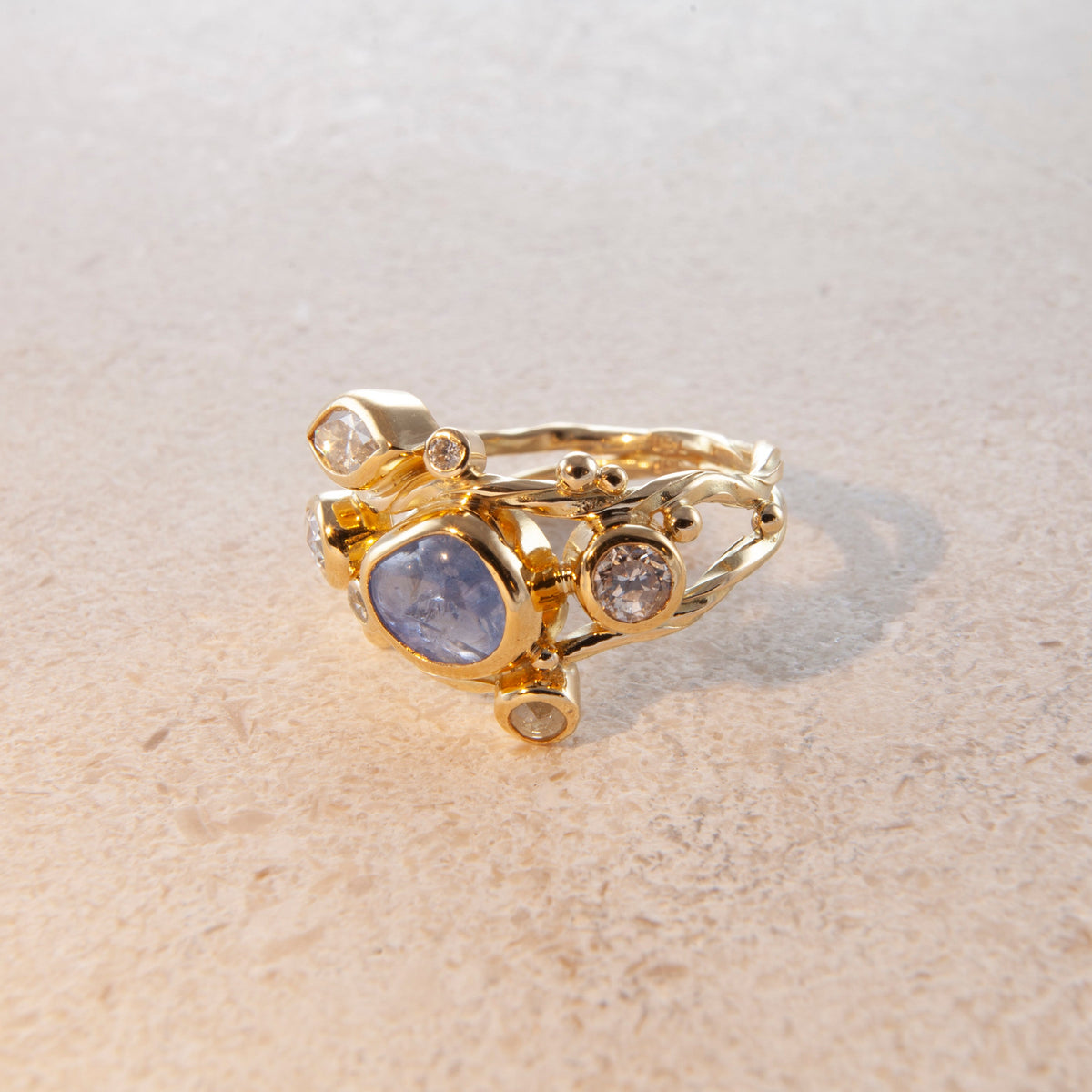 Double Seafire 18K & 22K Gold Ring w. Sapphire & Diamond