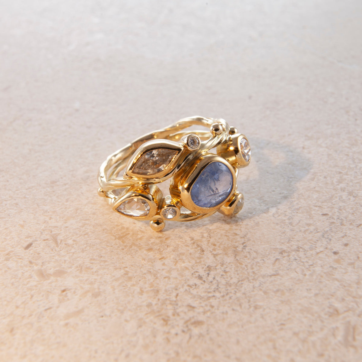 Double Seafire 18K & 22K Gold Ring w. Sapphire & Diamond