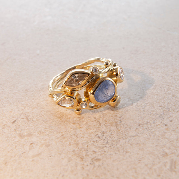 Dobbelt Seafire 18K & 22K Guld Ring m. Safir & Diamant