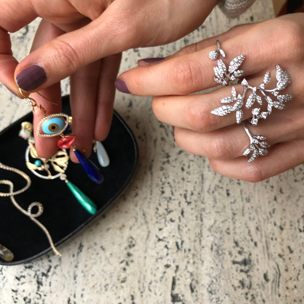 Special Edition Unique 18K Gold Earring w. Diamond, Amber & Aquamarine