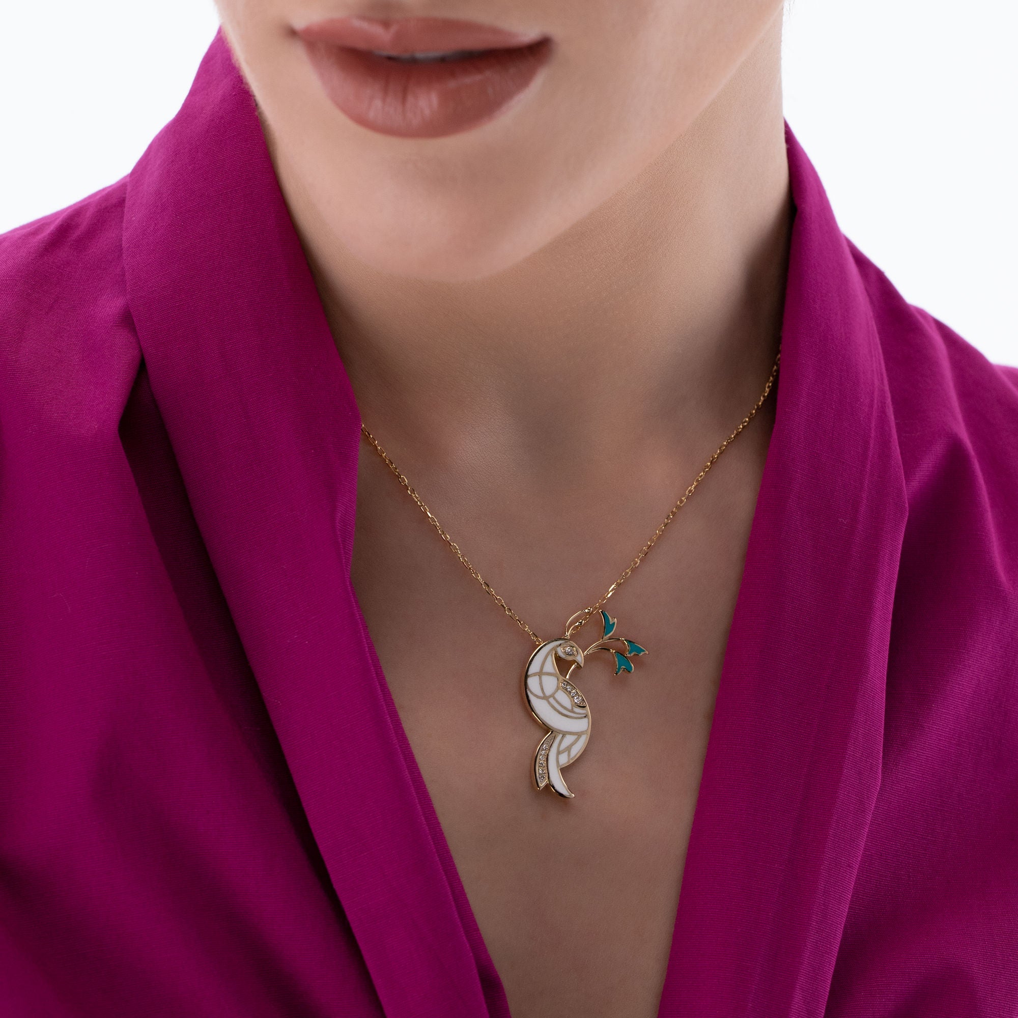 Peacock 18K Gold Necklace w. Diamonds