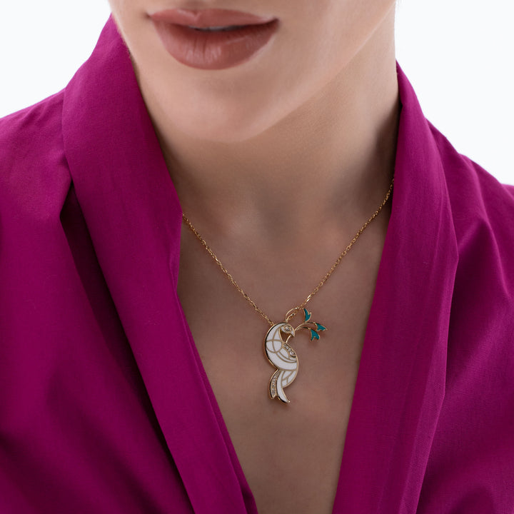 Peacock 18K Gold Necklace w. Diamonds