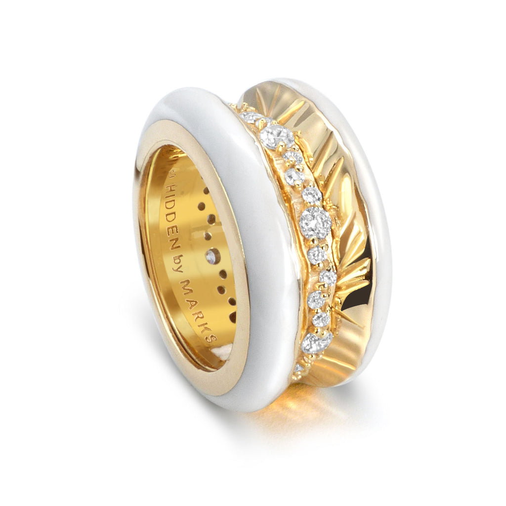 Antarktiseis 18k goldener Ring w. Diamanten und schneeweißer Emaille aus Laborgewachsen