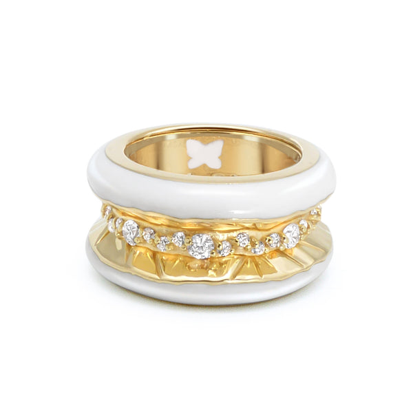 Antarctica Ice 18K Gold Ring w. Lab-Grown Diamonds & Snow White Enamel