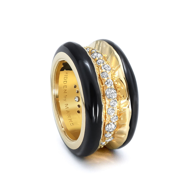 Antarctica Ice 18K Gold Ring w. Lab-Grown Diamonds & Jet Black Enamel