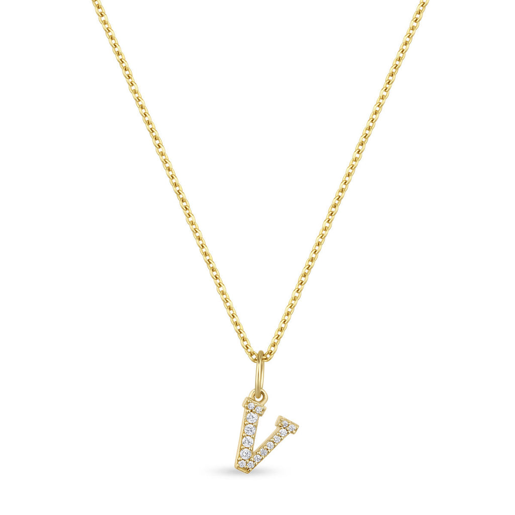 Petite Letter V Gold Vermeil Necklace w. Zirconias