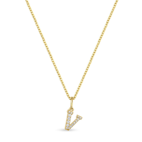 Petite Letter V Gold Vermeil Necklace w. Zirconias