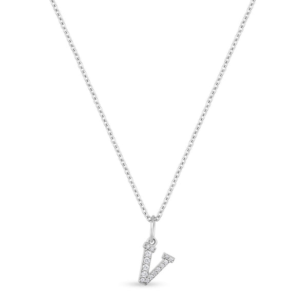 Petite Letter V Silver Necklace w. Zirconias