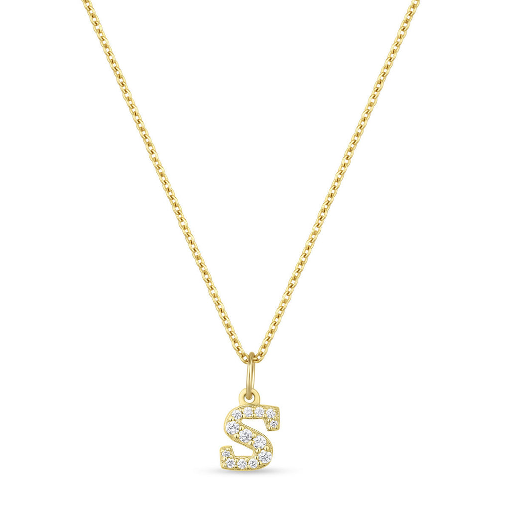 Petite Letter S Gold Vermeil Necklace w. Zirconias