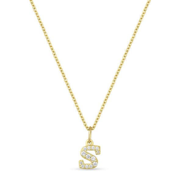 Petite Letter S Gold Vermeil Necklace w. Zirconias