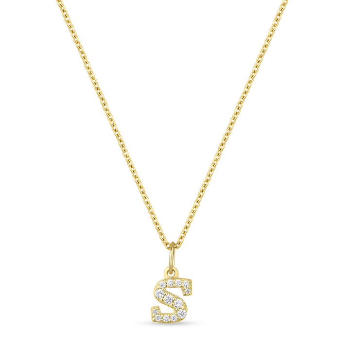 Petite Letter S Gold Vermeil Necklace w. Zirconias
