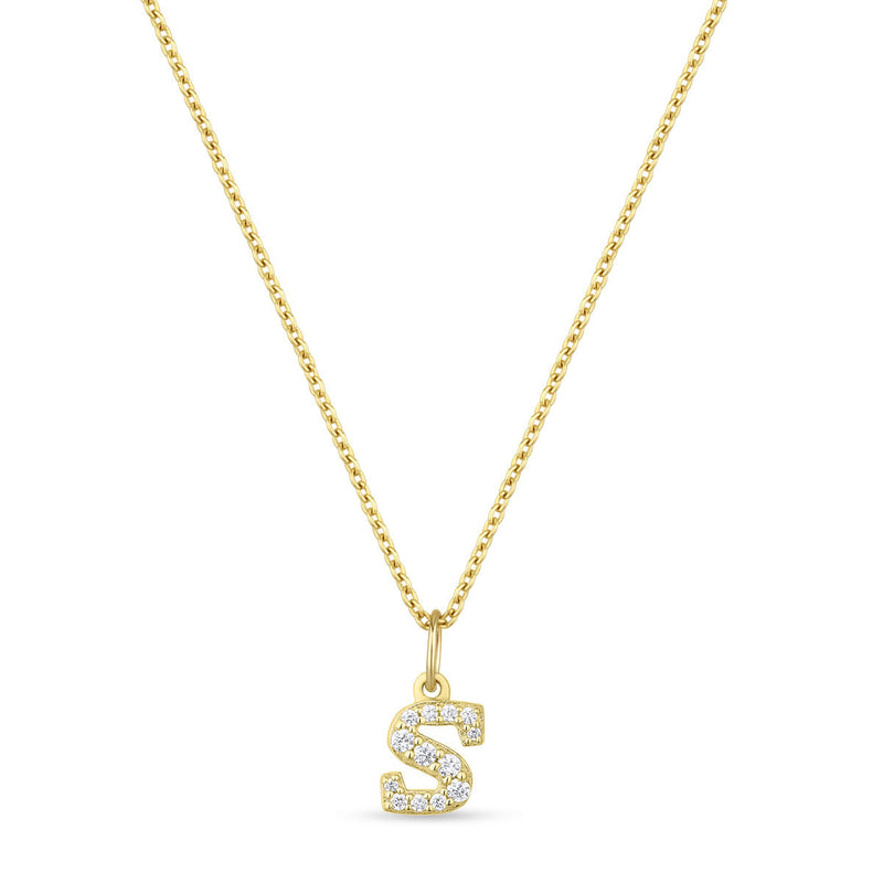 Petite Letter S Gold Vermeil Necklace w. Zirconias