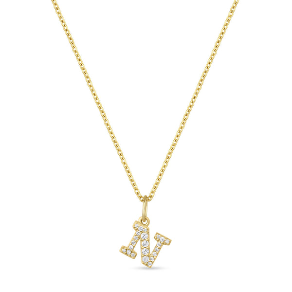 Petite Letter N Gold Vermeil Necklace w. Zirconias