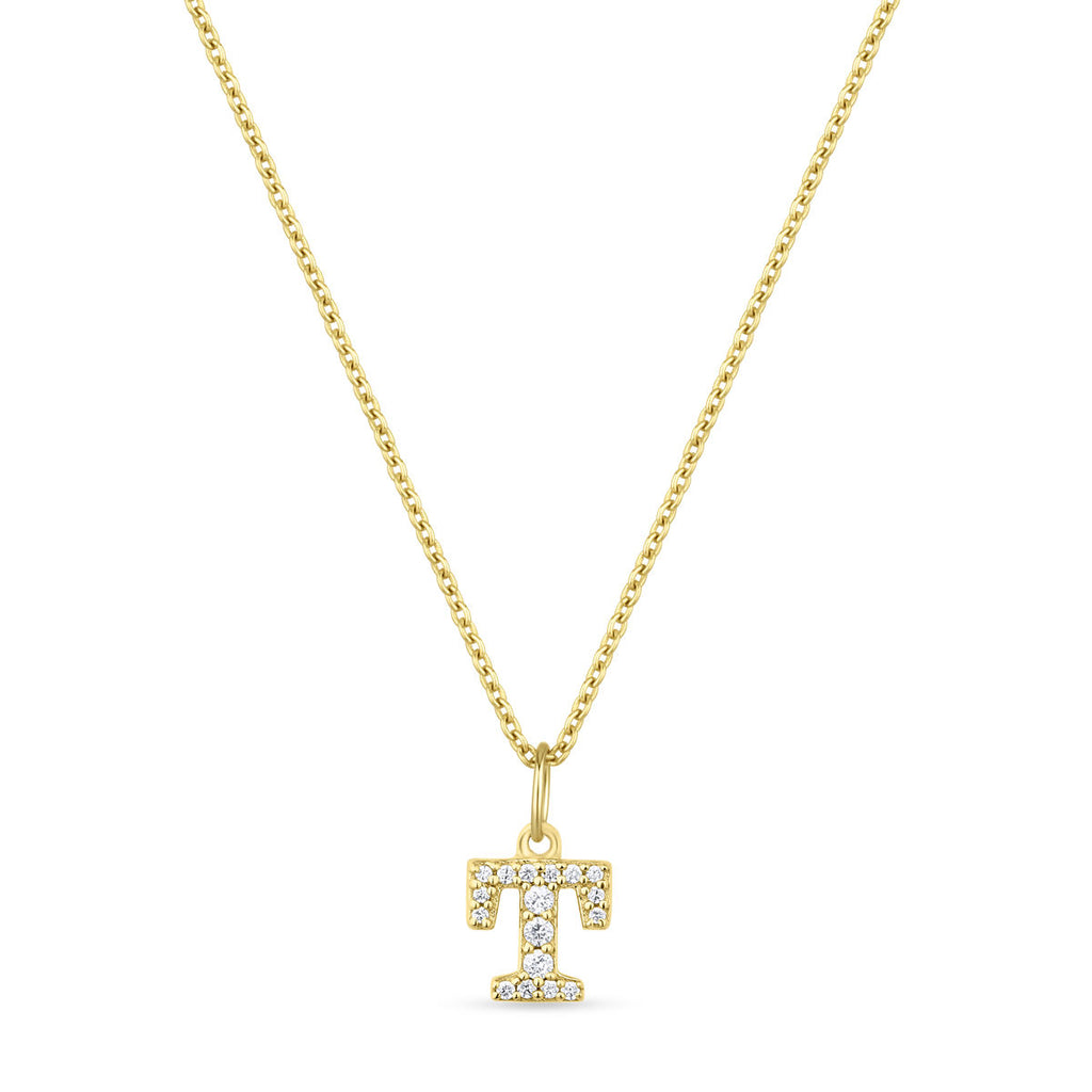 Petite Letter T Gold Vermeil Necklace w. Zirconias