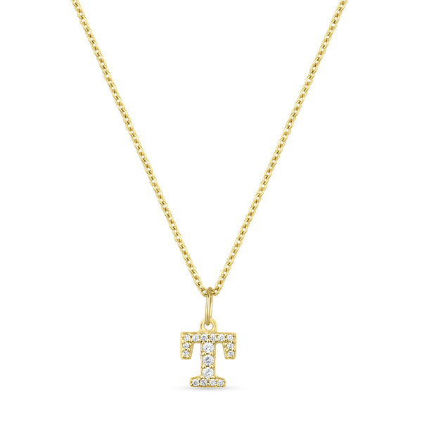 Petite Letter T Gold Vermeil Necklace w. Zirconias