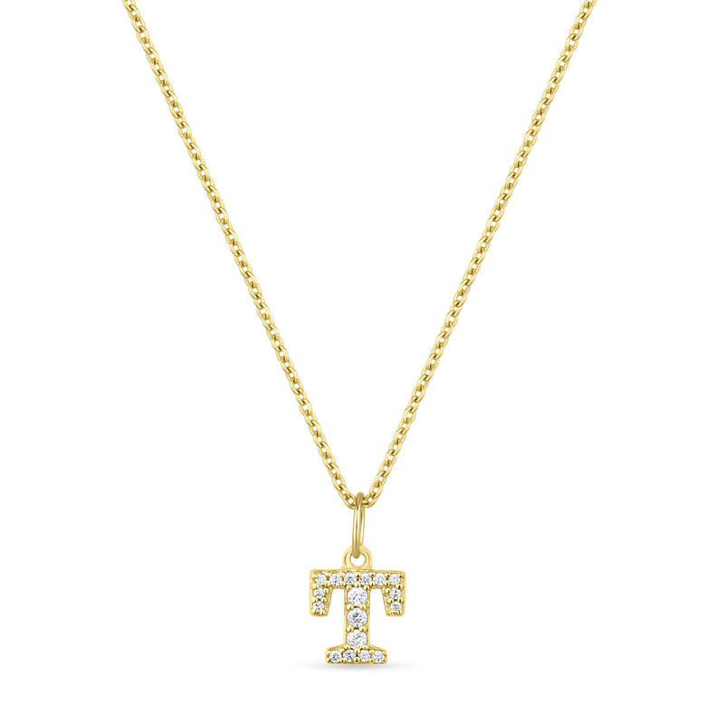Petite Letter T Gold Vermeil Necklace w. Zirconias
