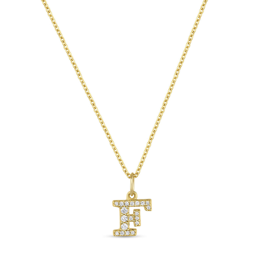Petite Letter F Gold Vermeil Necklace w. Zirconias