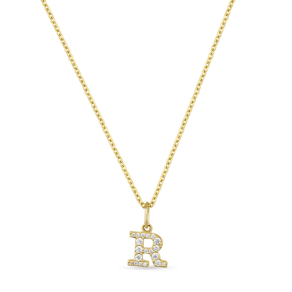 Petite Letter R Gold Vermeil Necklace w. Zirconias