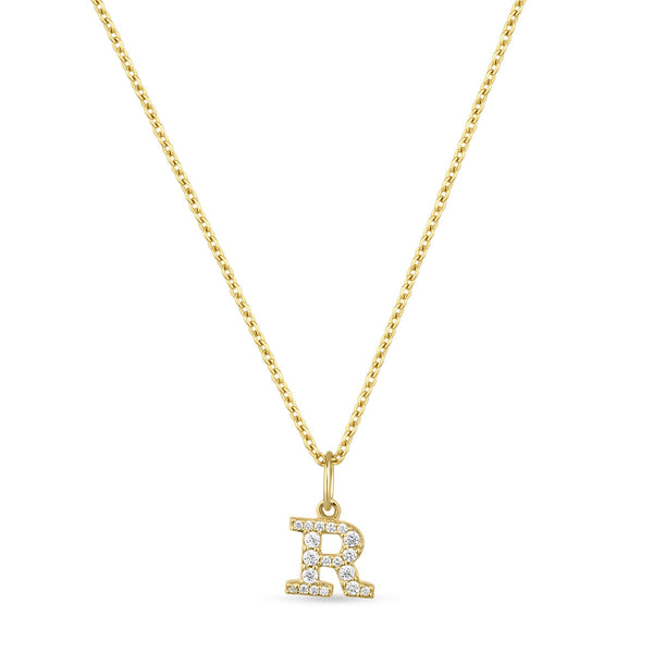 Petite Letter R Gold Vermeil Necklace w. Zirconias