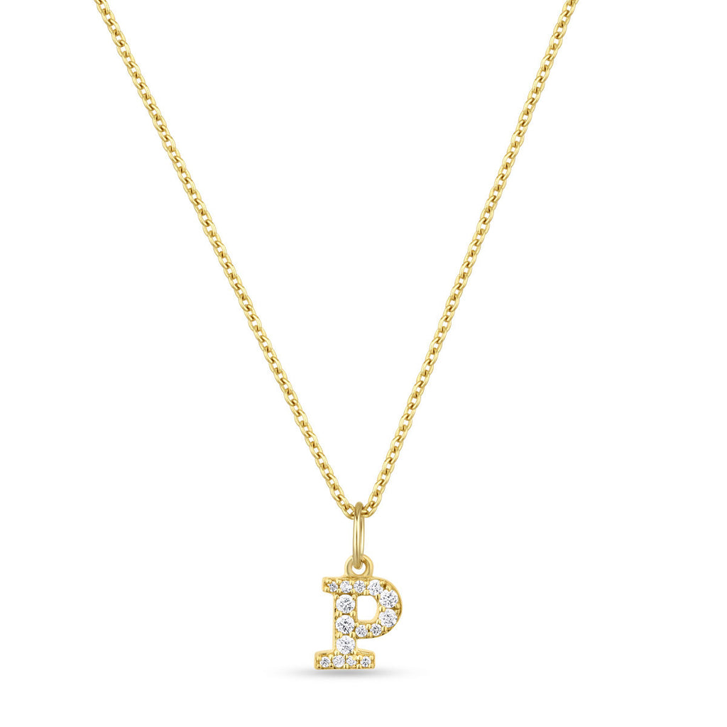 Petite Letter P Gold Vermeil Necklace w. Zirconias