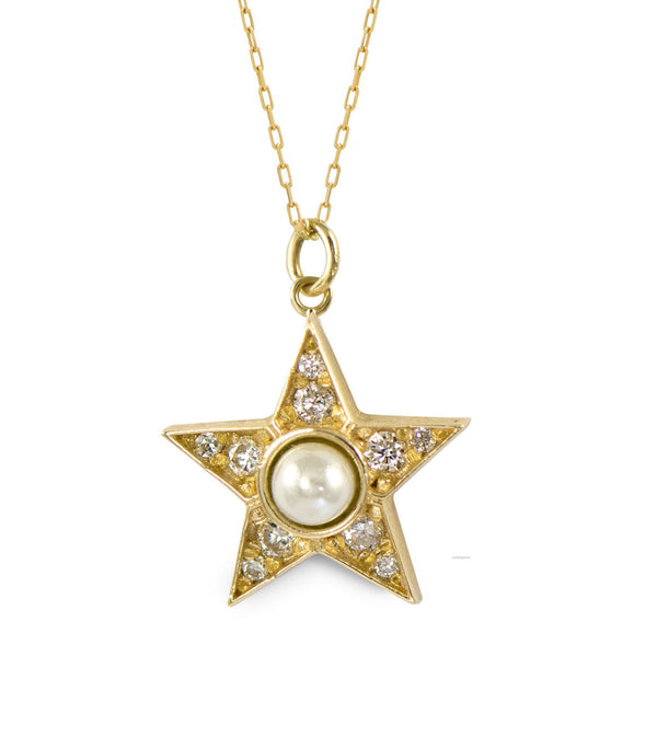 Pearly Diamant Star 14K Guld Halskæde m. Diamant & Perle