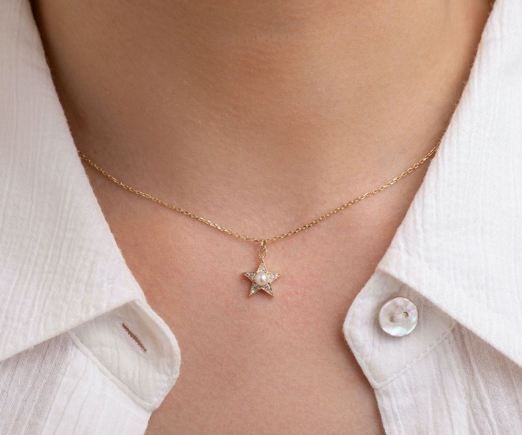 Perley Diamant Star 14K goldene Halskette m. Diamant & Perle