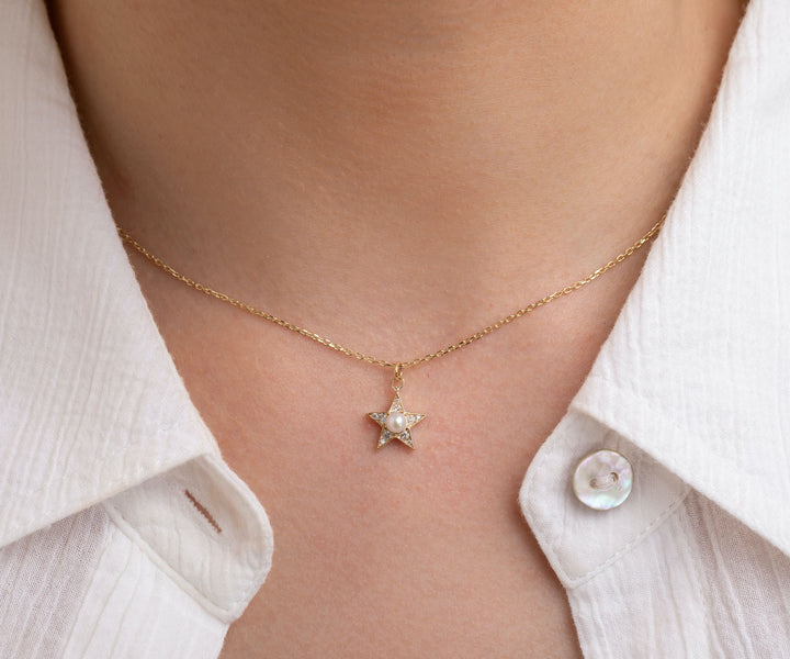 Perley Diamant Star 14K goldene Halskette m. Diamant & Perle