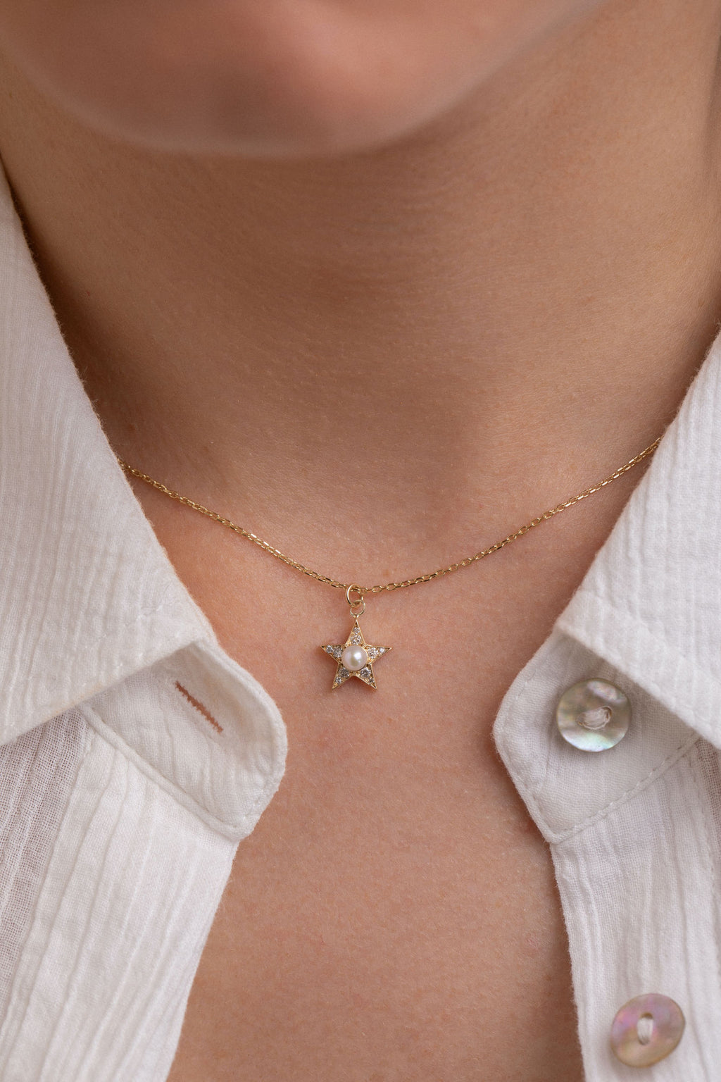 Perley Diamant Star 14K goldene Halskette m. Diamant & Perle