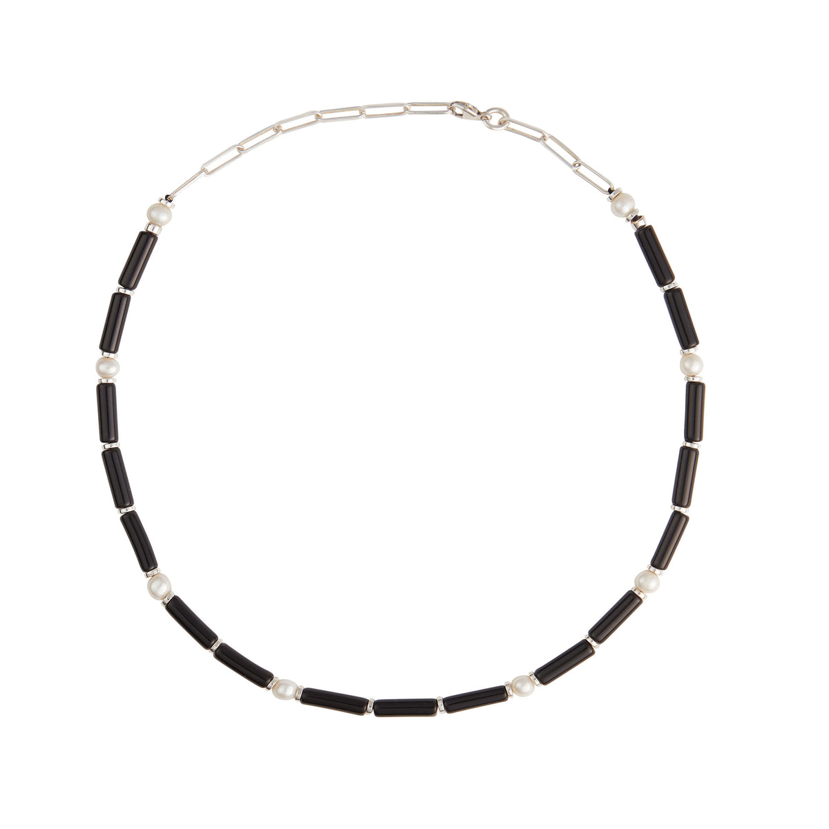 Schwarzer Onyx Silber Halskette w. Perlen
