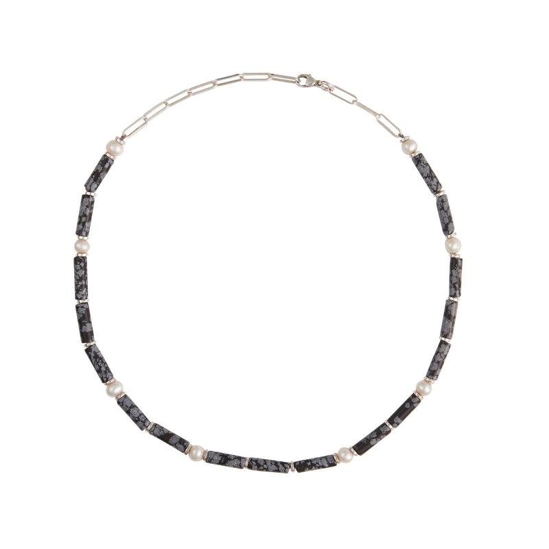 Obsidian Silver Necklace w. Pearls