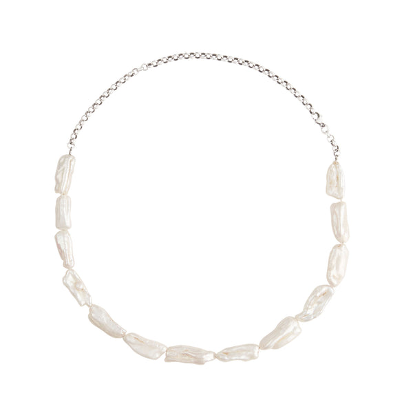 Biwa Silver Choker Necklace w. Pearls