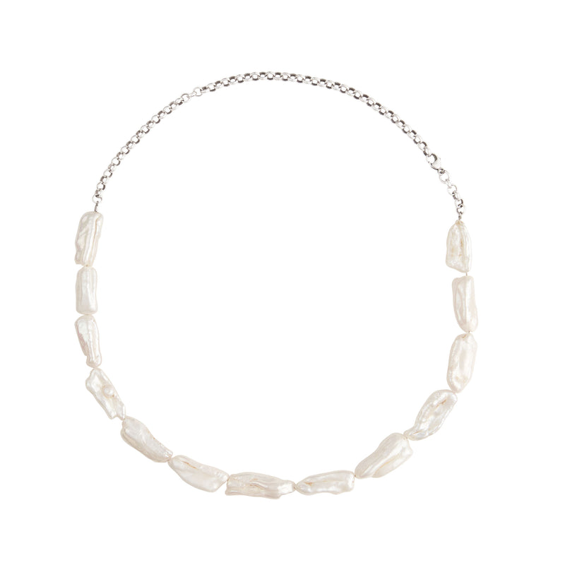 Biwa Silver Choker Necklace w. Pearls