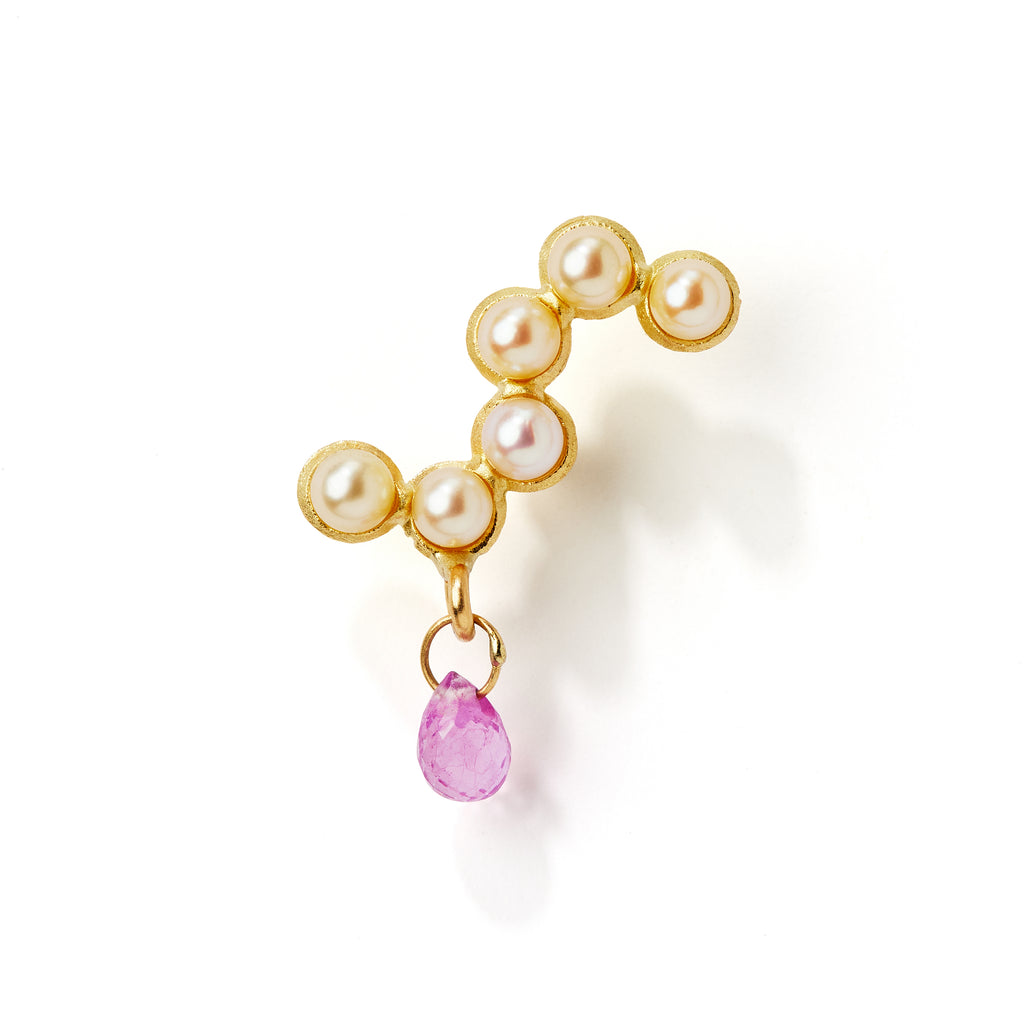 Fine Curves 18K Gold Stud w. Pearls & pink Sapphire