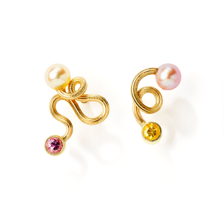 Joy Sticks 14K Gold Studs w. Pearls & Sapphire