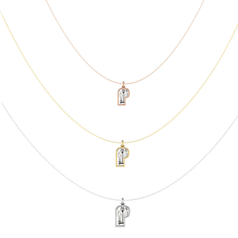 Alphabet 18K Gold, Rosegold or Whitegold Inital P Pendant w. Solitaire Lab-Grown Diamond