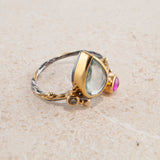 Seafire 18K, 22K & 24K Gold & Silver Ring w. Aquamarine, Ruby & Diamond