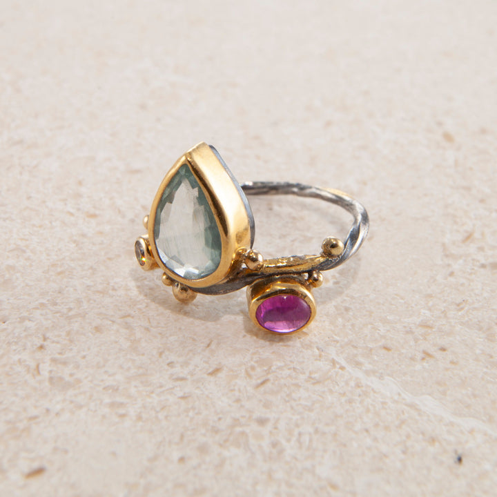 Seafire 18K, 22K & 24K Gold & Silver Ring w. Aquamarine, Ruby & Diamond