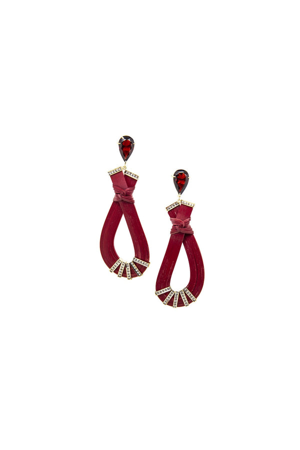 Bamboo Red & Light Brown 18K Gold Earrings w. Garnet & Diamonds