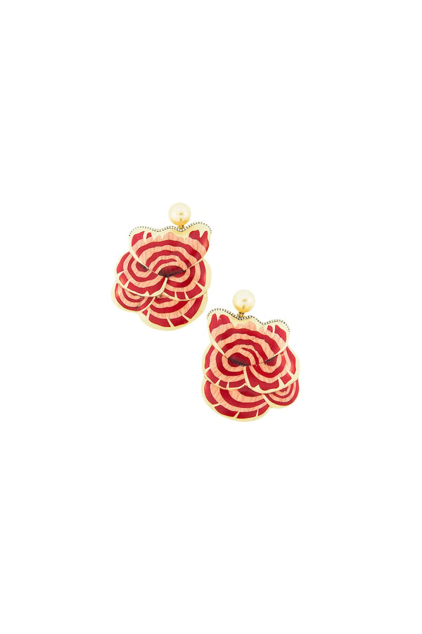 Sculptural Botanical Marquetry Red Mushrooms 18K Gold Earrings w. Pearl