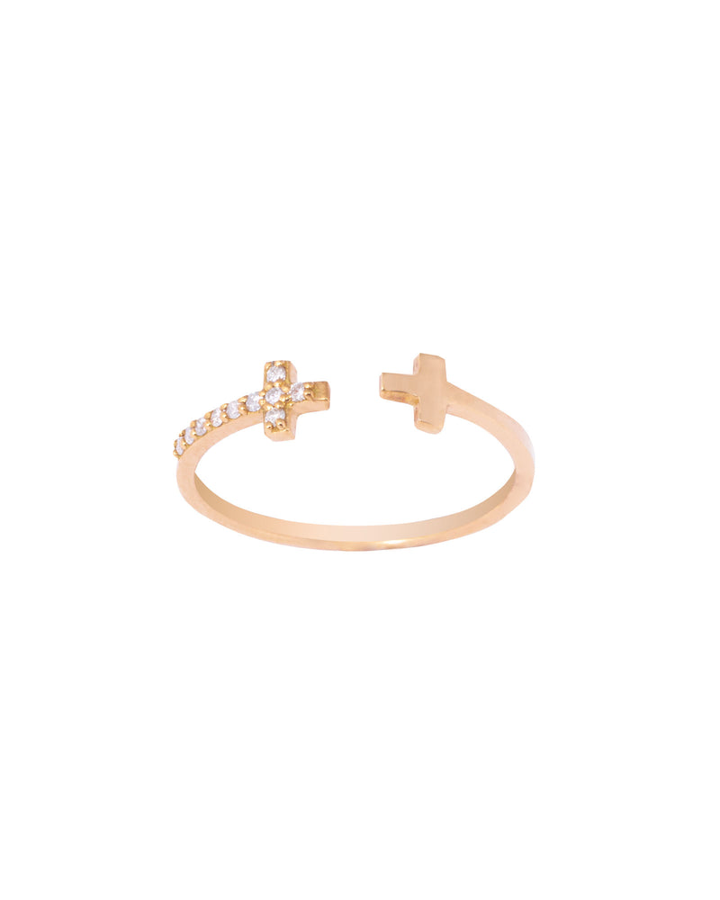 Opened Double Cross 18K Gold, Whitegold or Rosegold Ring w. Diamonds