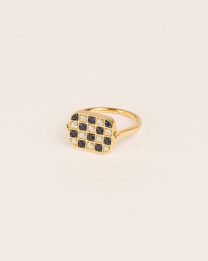 Philidor Rotating Chessboard 18K Gold Ring w. Diamonds & Sapphires
