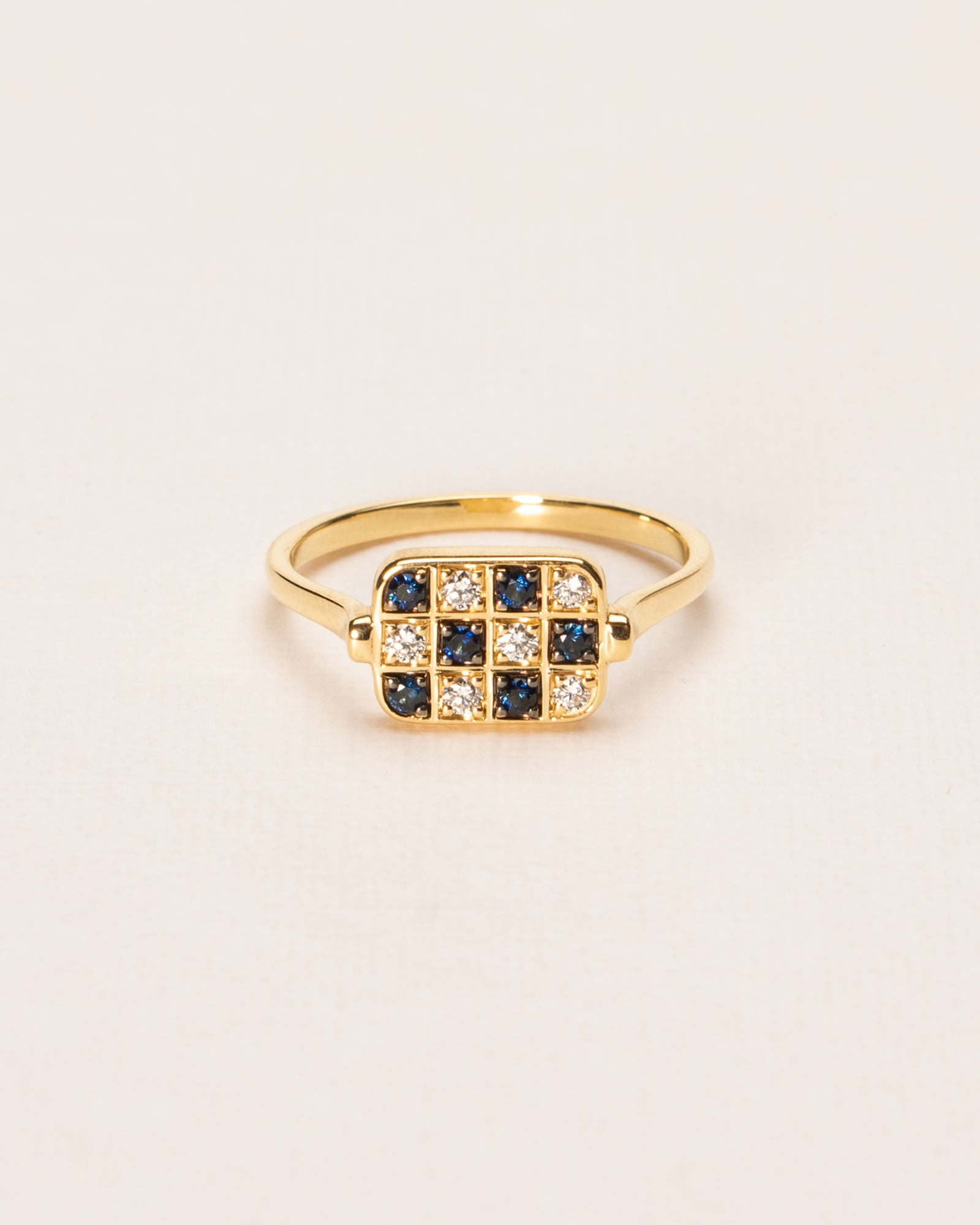 Le Petit Philidor Chessboard 18K Gold Ring w. Diamonds & Sapphires